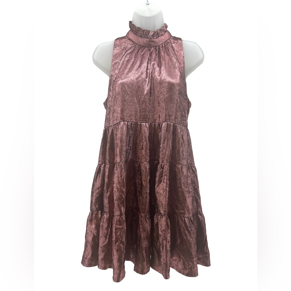 Pants Store Chic High-Neck Sleeveless Dress in deep metallic rose
